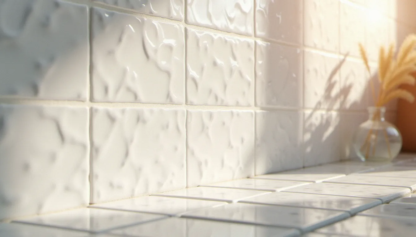 Gros plan sur un mur de zellige blanc artisanal en salle de bain, avec jeu de lumière naturelle rasante révélant l'iridescence et la texture vivante de chaque carreau