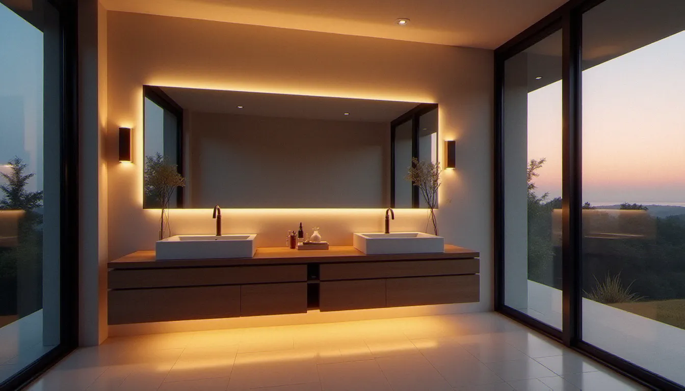 Salle de bain minimaliste au crépuscule avec triple couche d'éclairage artificiel chaud complétant la lumière naturelle déclinante, meuble vasque en noyer flottant et miroir sans cadre