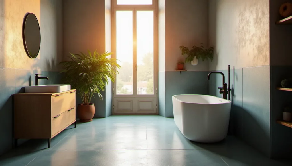 Salle de bain haussmannienne baignée de lumière naturelle dorée du matin, avec baignoire îlot blanche et carreaux de ciment gris-bleu, illustrant la décoration intérieure salle de bain par la lumière