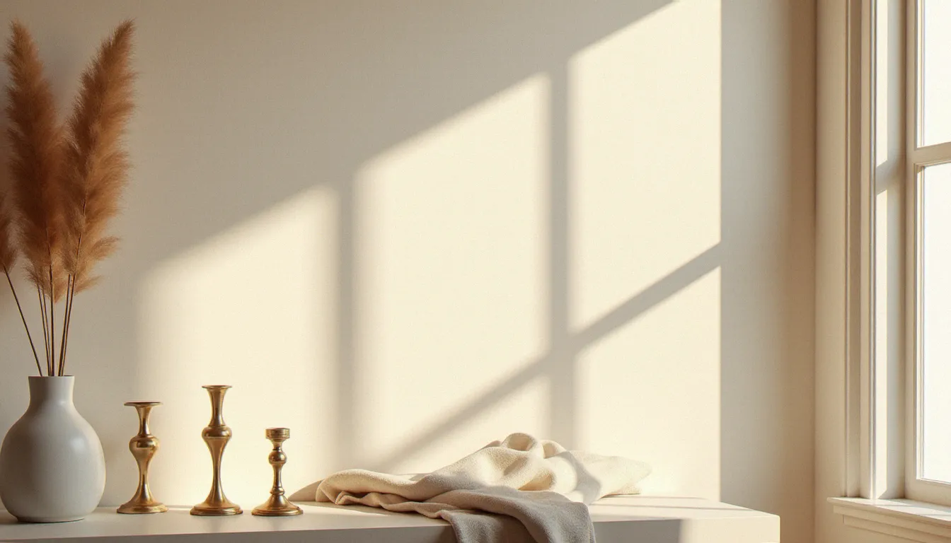 Palette de couleurs chaudes pour décoration intérieure salon avec enduit à la chaux, herbes séchées et accessoires en laiton brossé dans une lumière matinale