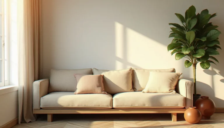 Décoration intérieure salon baignée de lumière naturelle dorée avec canapé en lin naturel, plante monstera et murs à la chaux blanche