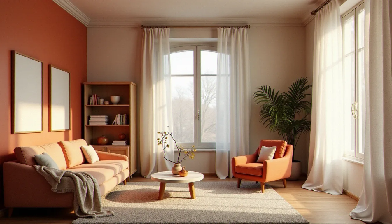 Salon orienté au nord avec peinture terracotta et blanc ivoire compensant la lumière froide naturelle, rideaux en lin laissant entrer une lumière diffuse et apaisante révélant la chaleur des tons muraux
