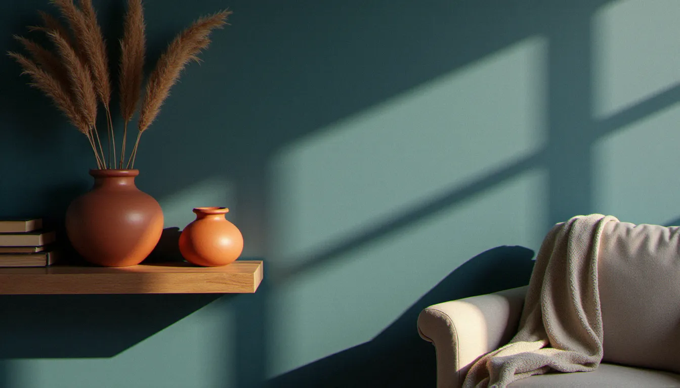Détail d'un mur de salon peint en finition velours bleu-gris profond, lumière d'après-midi rasante révélant la texture douce et apaisante de la peinture, étagère en bois avec vases en céramique et livres d'art