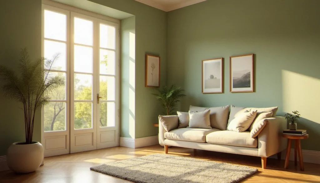 decoration interieure salon peinture featured Salon français élégamment décoré avec une peinture intérieure vert sauge mat, lumière naturelle dorée du matin traversant de grandes fenêtres blanches, canapé en lin naturel et parquet en chêne en point de Hongrie