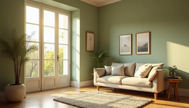 Salon français élégamment décoré avec une peinture intérieure vert sauge mat, lumière naturelle dorée du matin traversant de grandes fenêtres blanches, canapé en lin naturel et parquet en chêne en point de Hongrie