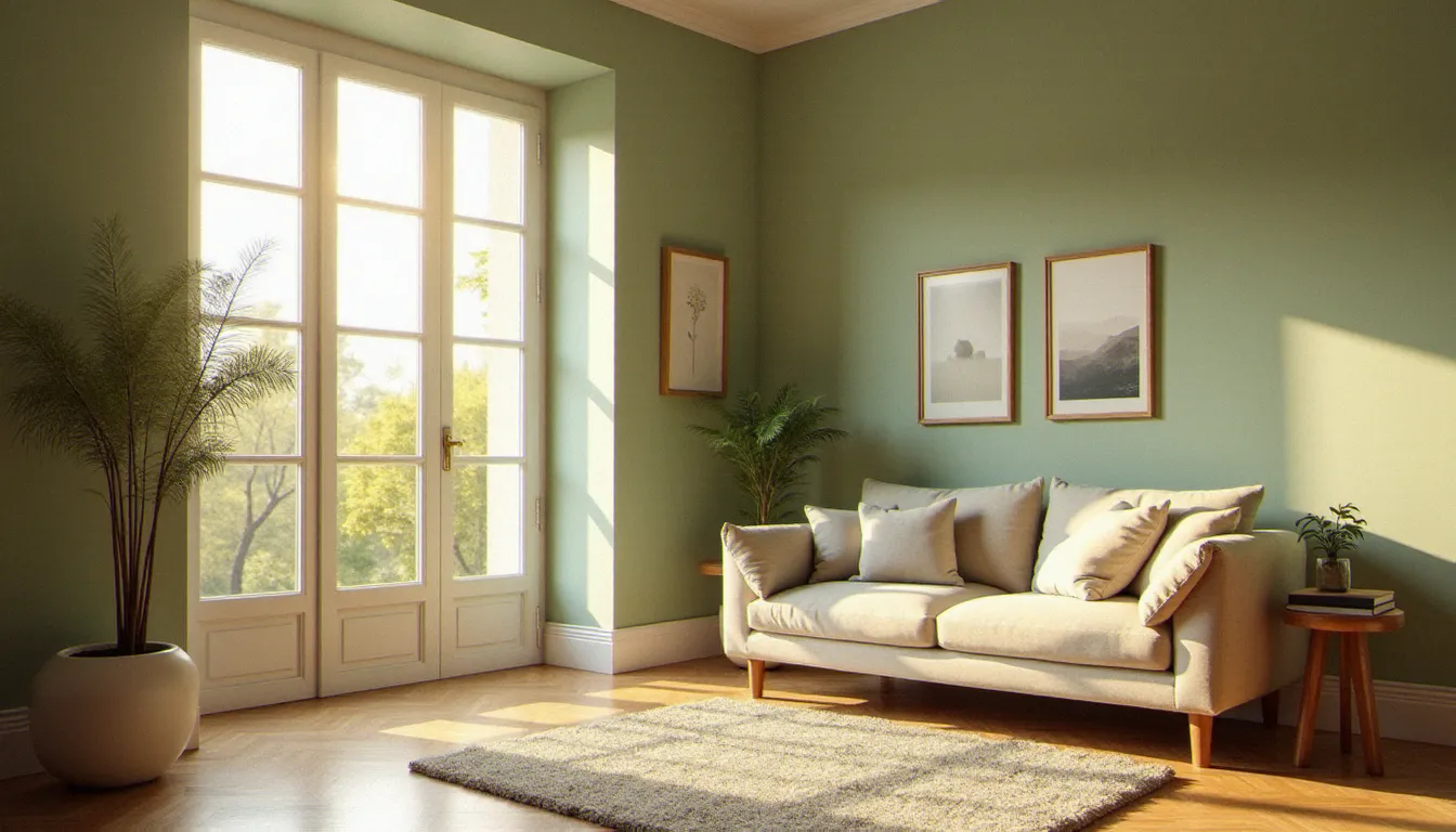 Salon français élégamment décoré avec une peinture intérieure vert sauge mat, lumière naturelle dorée du matin traversant de grandes fenêtres blanches, canapé en lin naturel et parquet en chêne en point de Hongrie