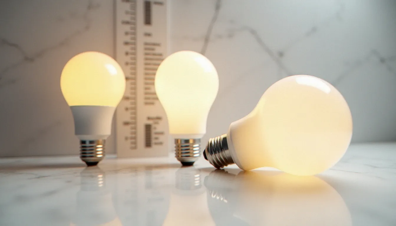 Trois ampoules LED basse consommation présentant différentes températures de couleur, de 2700K à 5000K, sur fond marbre blanc en studio