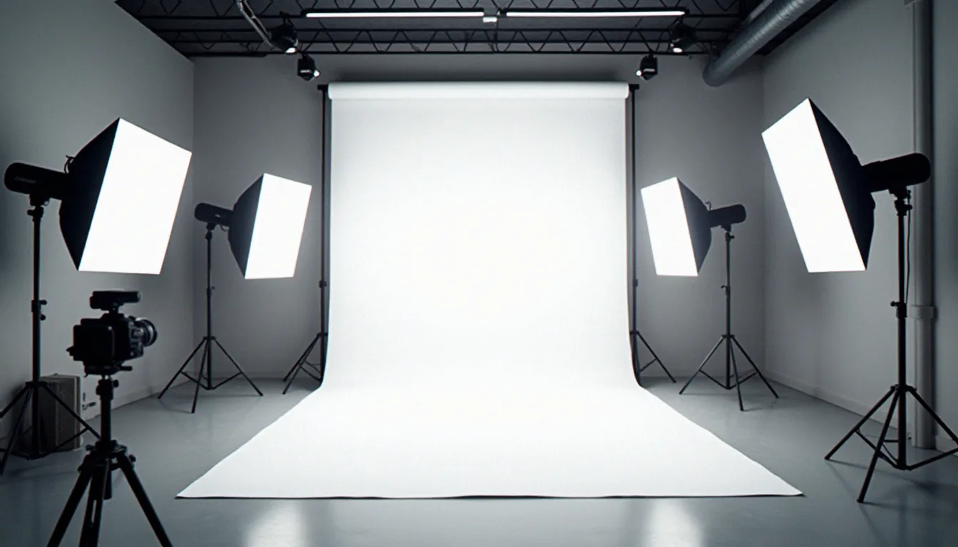 Studio photographique équipé de panneaux LED basse consommation à haut IRC sur pieds de lumière, avec cyclorama blanc et appareil photo sur trépied au premier plan