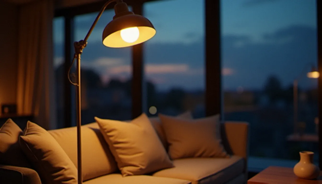 Lampe de salon équipée d'un éclairage LED basse consommation à lumière chaude 2700K dans un intérieur minimaliste au crépuscule