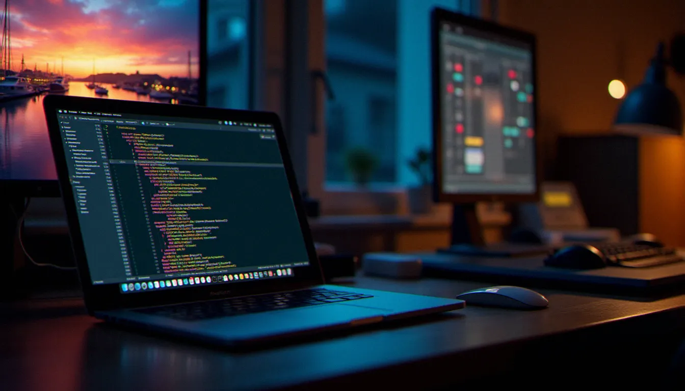 Bureau de photographe avec un écran affichant du code Python à côté d'un tirage photographique de port, illustrant le traitement numérique d'une photo avec code numérique