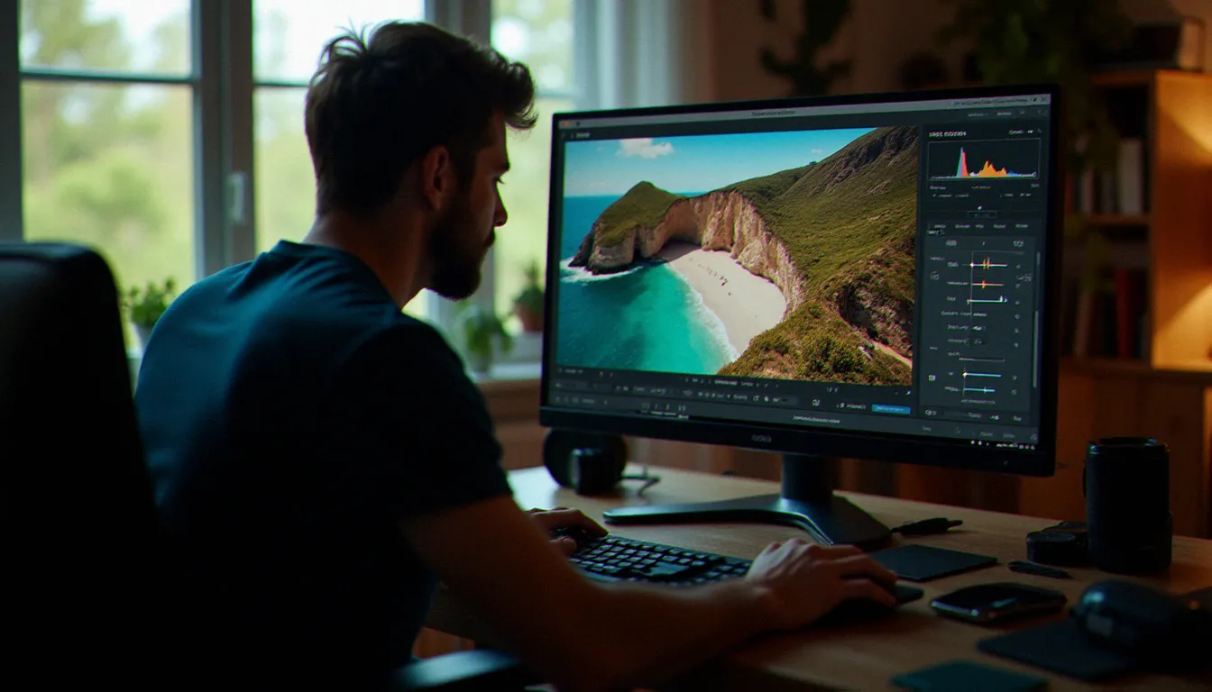 Moniteur d'édition affichant Lightroom lors de la post-production d'une photo avec code numérique représentant un paysage côtier en lumière naturelle