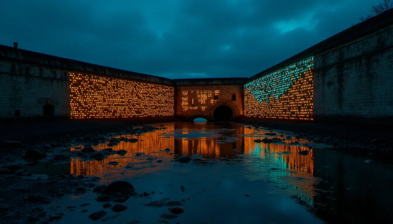 Projection de données numériques et de code sur les pierres mouillées d'un quai de port la nuit, composition artistique mêlant lumière naturelle et photo avec code numérique