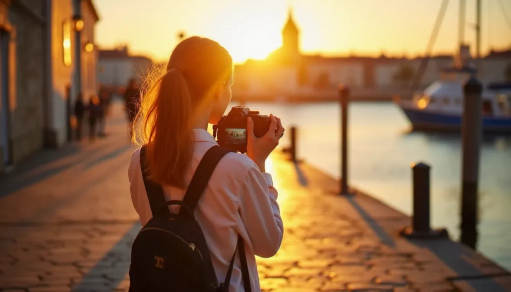 Photographe féminine consultant une photo avec code numérique sur son appareil lors de l'heure dorée au vieux port de La Rochelle