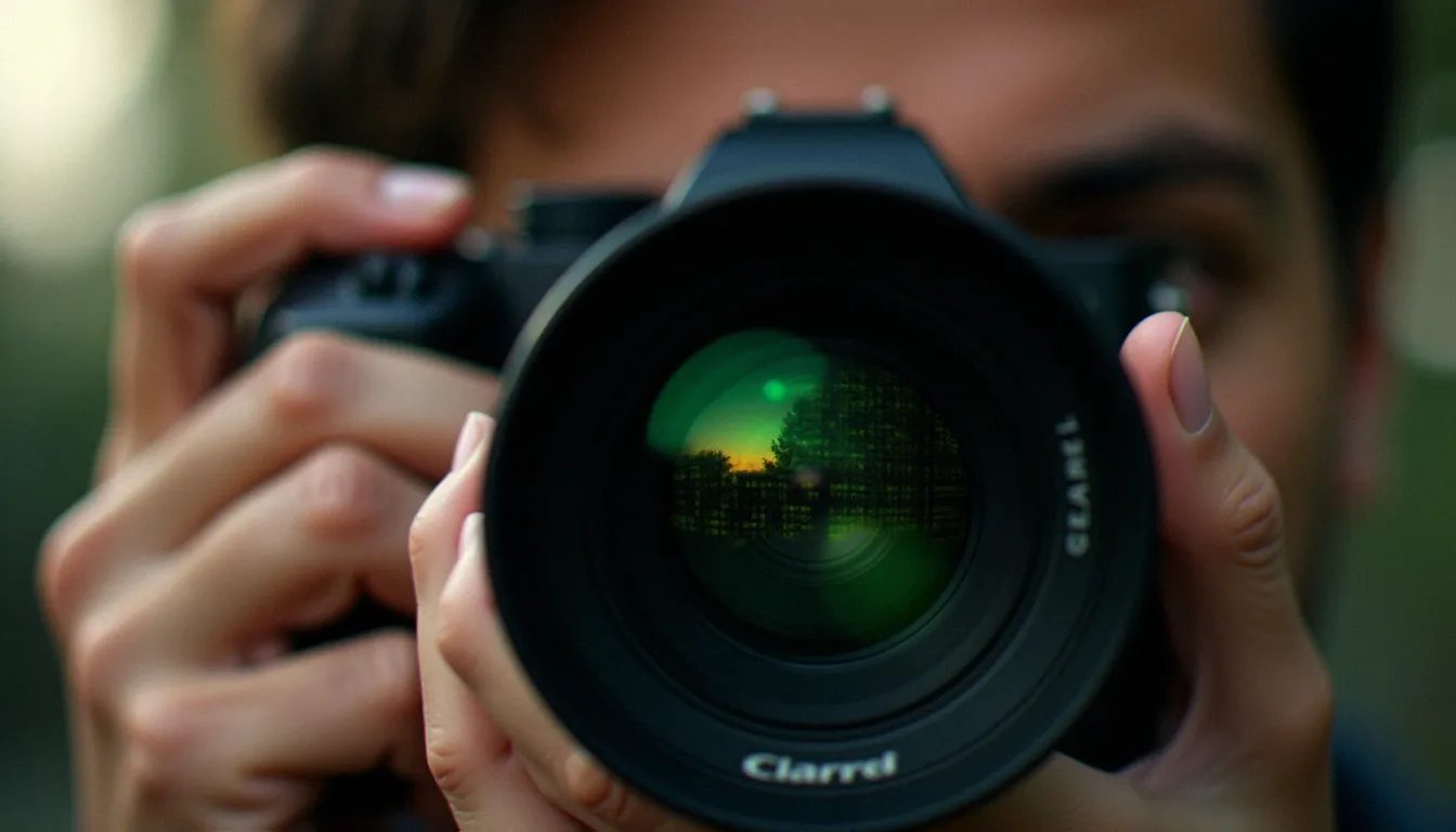 Photographe tenant un appareil photo avec des lignes de code numérique reflétées sur l'objectif, illustrant la fusion entre photo avec code numérique et lumière naturelle