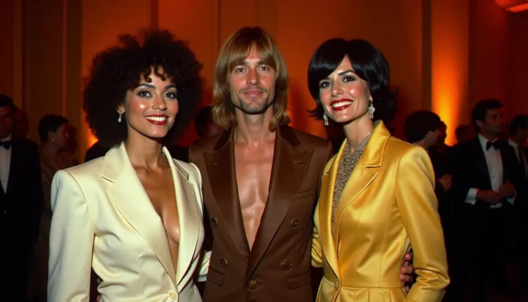 Portrait de groupe en lumière d'événement chaude des années 1970 illustrant l'ambiance de la photo avec David Bowie, Yoko Ono et John Lennon lors des Grammy Awards 1975 à New York