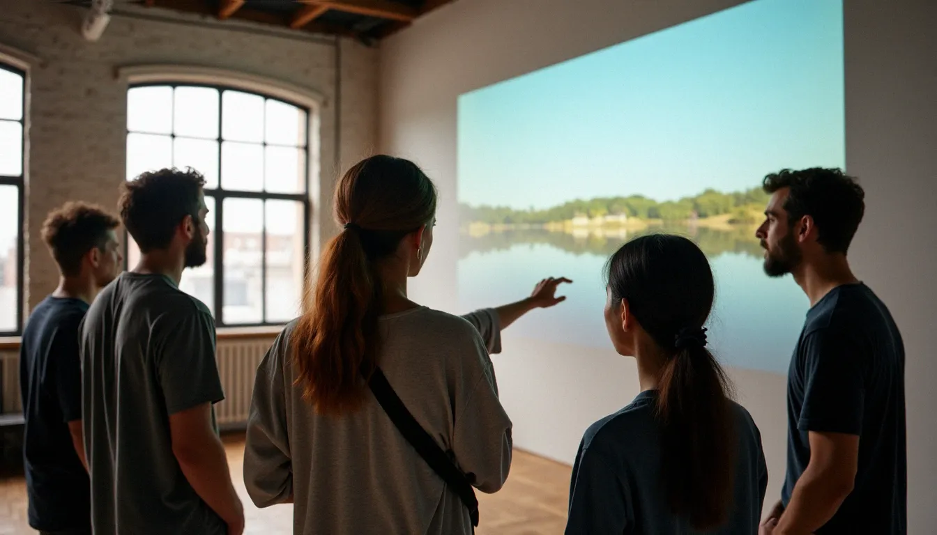 Groupe de photographes réunis autour d'une image projetée en grand format pour pratiquer le photo avis collectif en atelier
