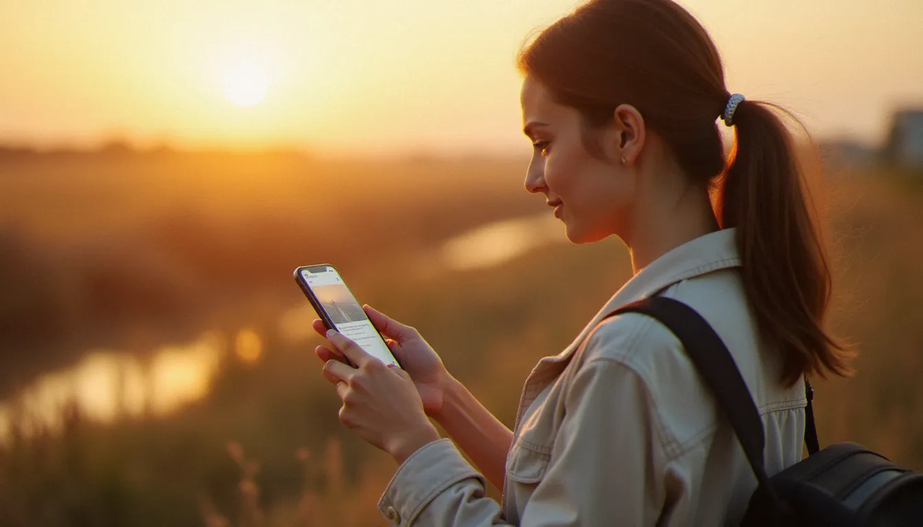 Photographe consultant sur son smartphone la notification photo d'un avis de passage recommandé, debout dans un marais côtier sous une lumière naturelle dorée