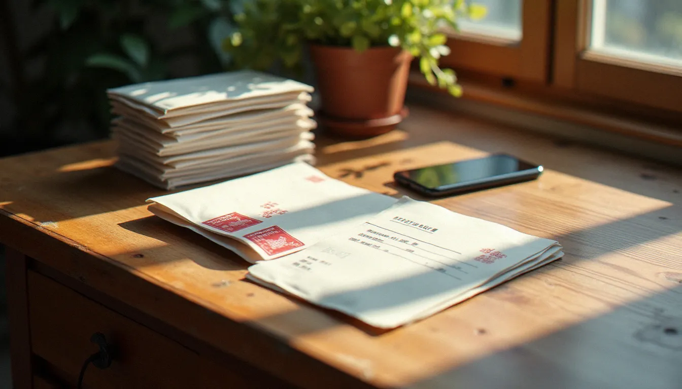 Courriers recommandés, avis de passage et smartphone affichant une notification posés sur un bureau en bois sous une lumière naturelle de fenêtre, évoquant la gestion des envois recommandés