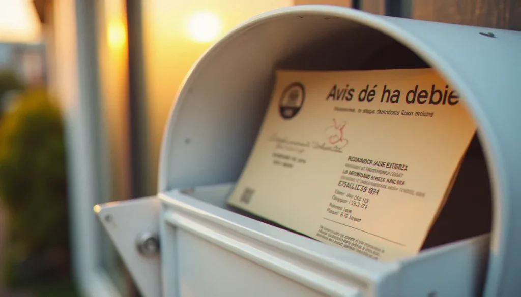 Avis de passage recommandé glissé dans une boîte aux lettres blanche baignée d'une lumière naturelle dorée du matin, illustrant la photo d'avis de passage recommandé