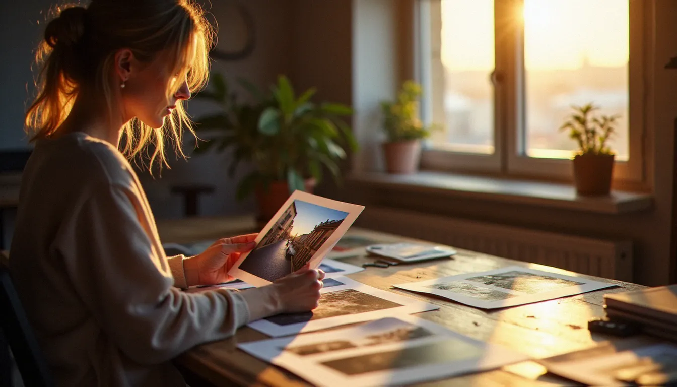 Photographe examinant des tirages photo posés sur une table en bois baignée de lumière naturelle matinale, photo avis en cours dans un atelier à La Rochelle