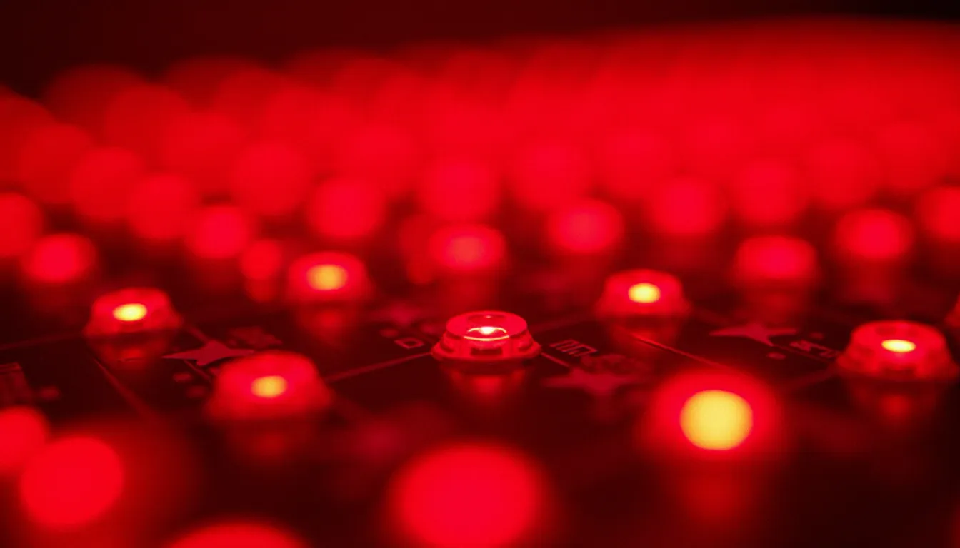 Gros plan technique sur les diodes LED d'un appareil de photo bio modulation, lumière rouge précise émanant de chaque émetteur en grille régulière