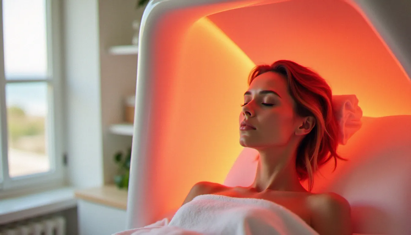 Femme sereine utilisant un appareil de photo bio modulation en séance de lumière rouge dans un studio côtier lumineux, lueur rouge thérapeutique éclairant doucement son visage