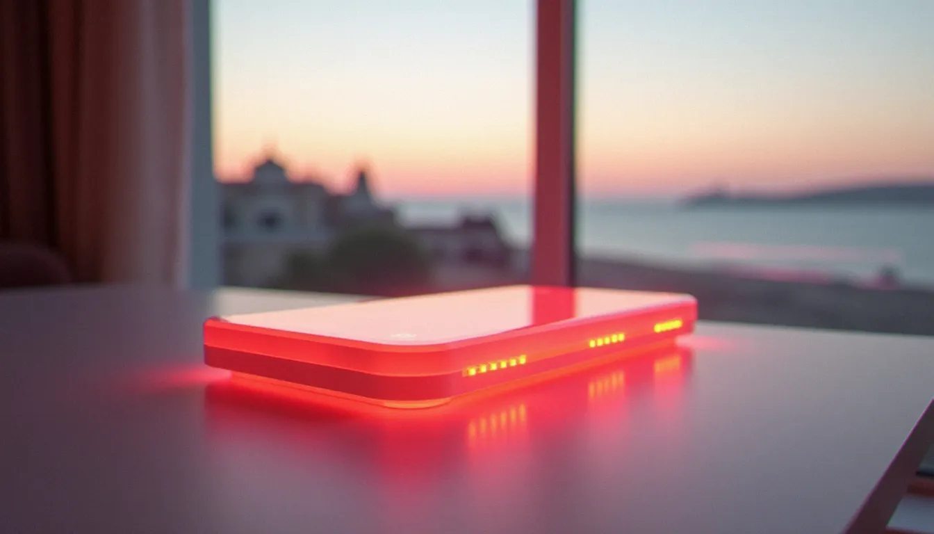 Appareil de photo bio modulation posé sur une table blanche face à une fenêtre avec vue sur la côte atlantique, lumière rouge thérapeutique irradiant de l'appareil au matin