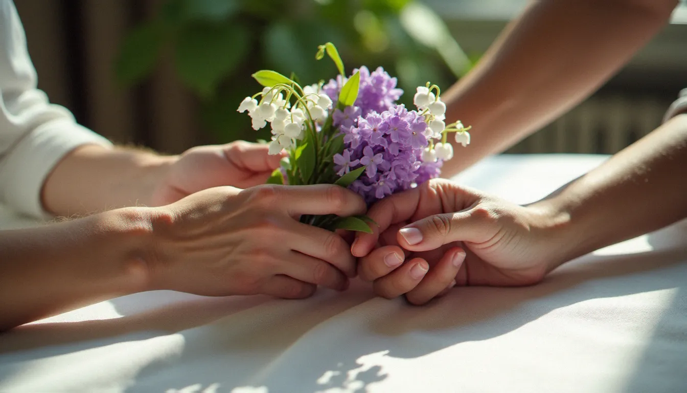 Gros plan sur les mains entrelacées d'une mère et de sa fille tenant un bouquet de lilas, composition de détail symbolisant le lien maternel pour la fête des mères