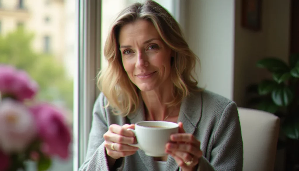 photo bonne fete maman featured Portrait d'une maman souriante près d'une fenêtre baignée de lumière naturelle dorée, photo bonne fête maman prise en intérieur le matin