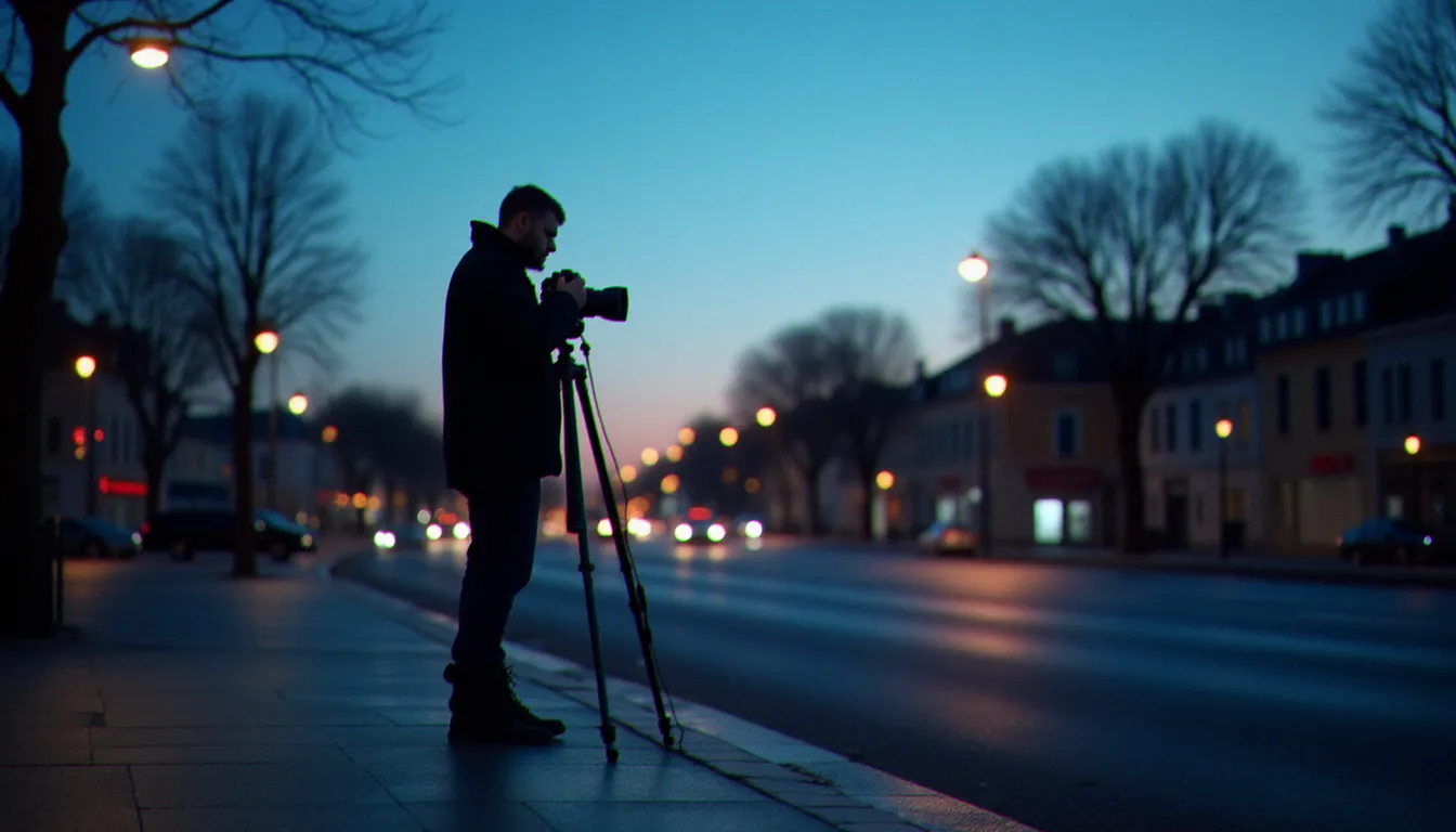 Photographe préparant son trépied sur le trottoir au bord d'un rond-point à l'aube, en train de régler son appareil photo pour une longue exposition sous la lumière bleue matinale