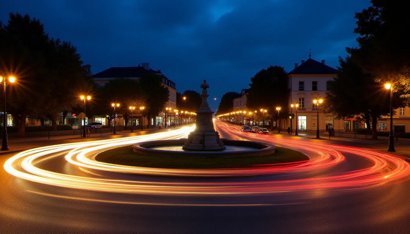 Longue exposition nocturne d'un rond-point urbain avec traînées lumineuses dorées et rouges formant des arcs parfaits autour d'une fontaine centrale en pierre, illustration de la technique heure bleue et pose longue