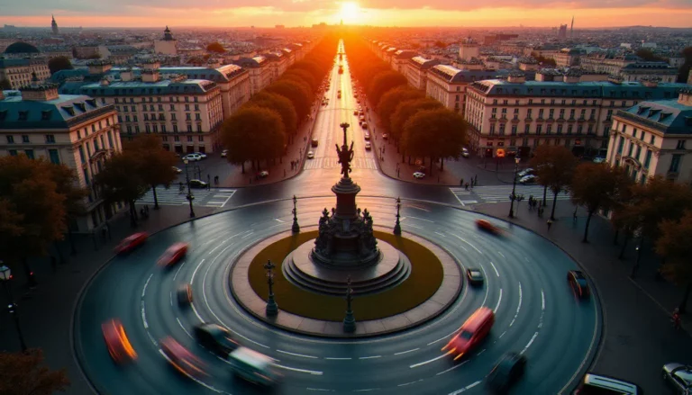 Vue aérienne d'un rond-point français photographié à l'heure dorée, avec sculpture centrale nette et traînées lumineuses des véhicules en circulation, exemple de photo comment prendre un rond point avec maîtrise