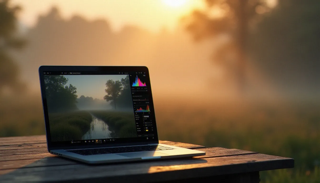 Image de paysage brumeux au lever du soleil affichée sur un ordinateur portable, illustrant la préservation des dégradés subtils lors de la réduction de taille d'une photo au format WebP