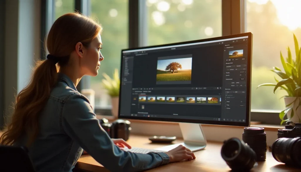 Photographe professionnelle optimisant la taille de ses photos sur Lightroom, illustrant le processus de réduction de taille d'une photo