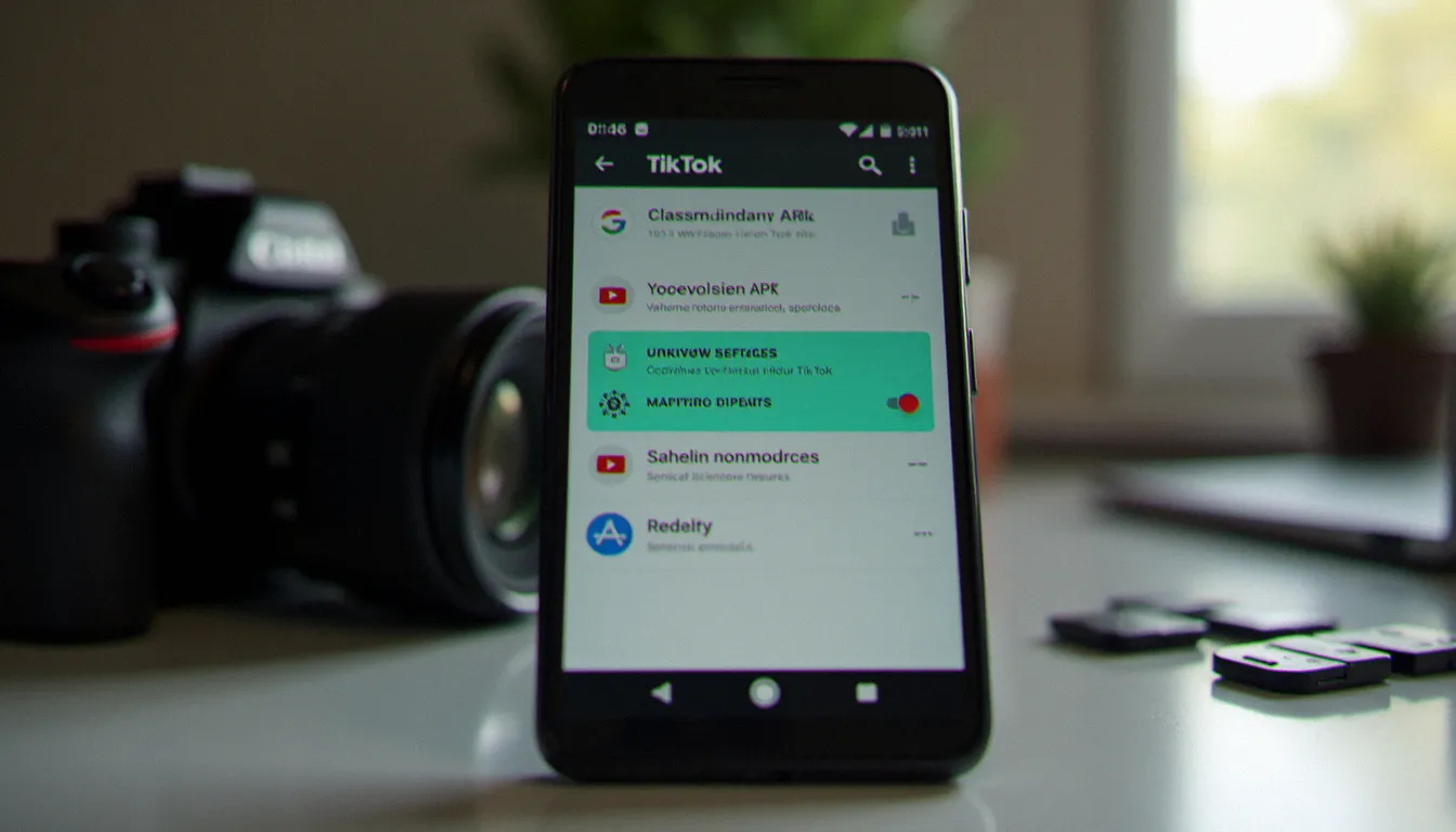 Écran de paramètres Android pour l'installation du TikTok APK posé sur un bureau de photographe avec matériel photo en arrière-plan