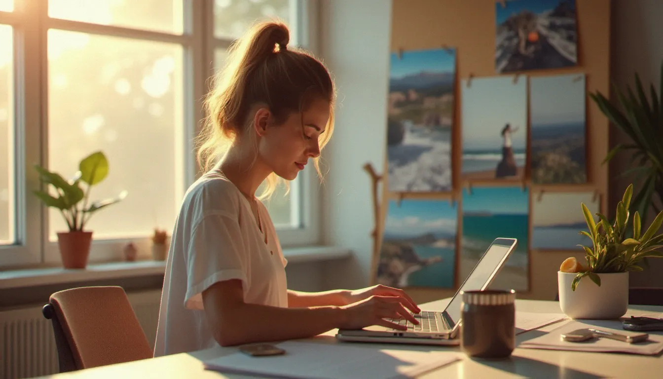Photographe analysant ses photo comments TikTok sur tablette dans un studio baigné de lumière naturelle atlantique avec des tirages photo épinglés au mur