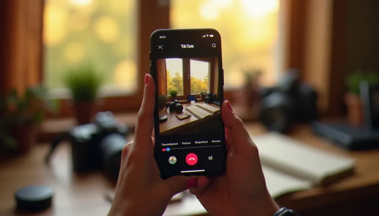 Photographe consultant la fonction photo comment TikTok APK sur smartphone avec des clichés de lumière naturelle visibles à l'écran