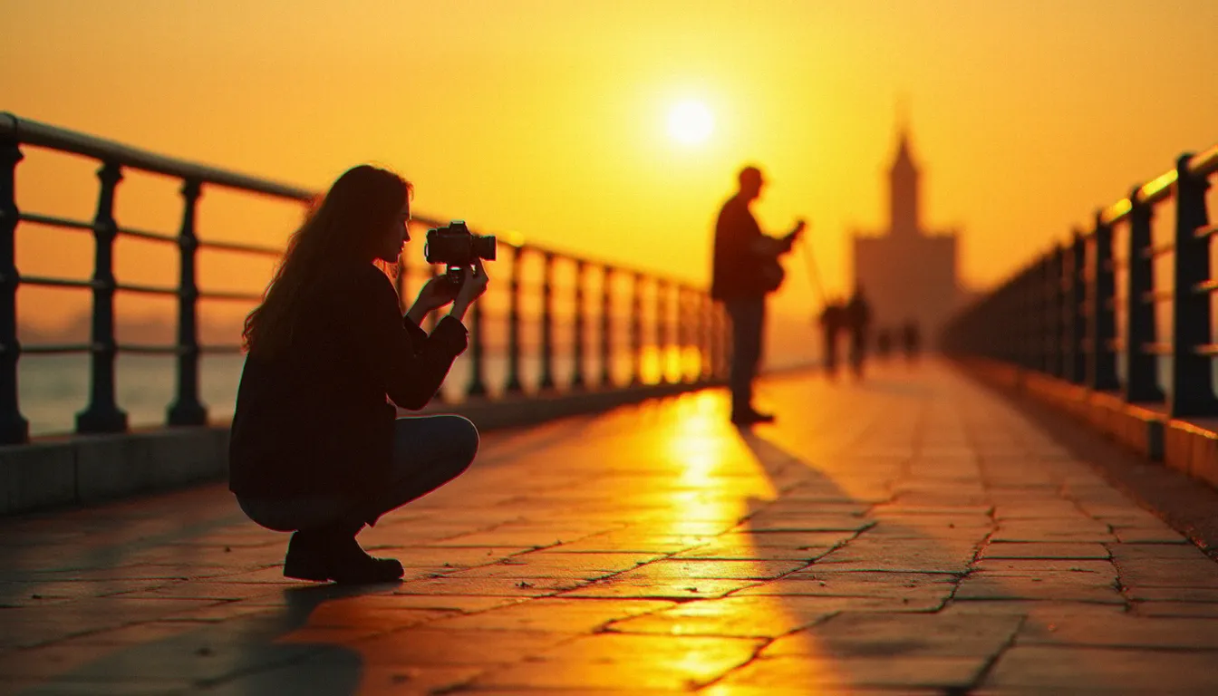 Photographe féminine en action capturant un portrait authentique d'un artiste vieillissant en bord de mer à La Rochelle dans une lumière de coucher de soleil atlantique emblématique