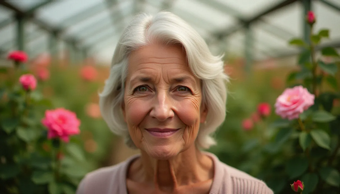 Portrait d'une femme d'une soixantaine d'années réalisé dans une serre de roses avec la lumière naturelle diffusée par le verre, montrant l'effet flatteur et enveloppant caractéristique de la photo effet de serre