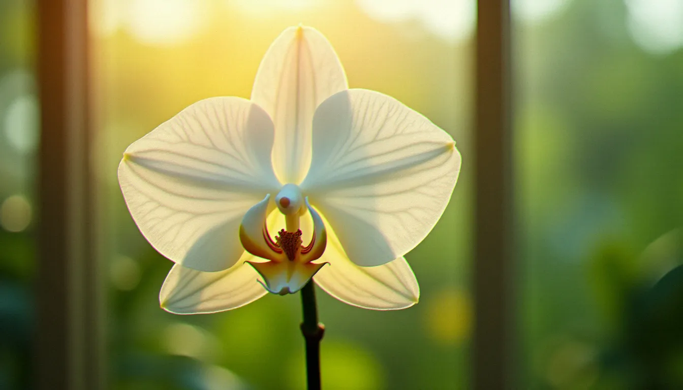 Macro d'une orchidée blanche rétroéclairée par la lumière filtrée d'une serre, révélant les nervures délicates des pétales translucides dans un univers doux et atmosphérique typique de la photo effet de serre