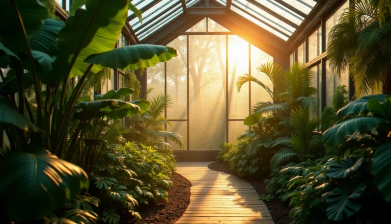 Intérieur d'une serre botanique baigné d'une lumière dorée et diffuse filtrant à travers les panneaux de verre, illustrant la photo effet de serre avec ses plantes tropicales et son atmosphère enveloppante