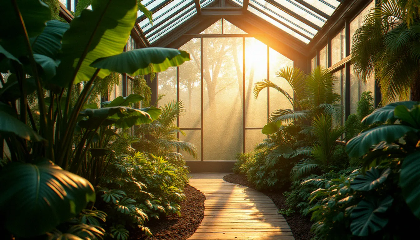Intérieur d'une serre botanique baigné d'une lumière dorée et diffuse filtrant à travers les panneaux de verre, illustrant la photo effet de serre avec ses plantes tropicales et son atmosphère enveloppante