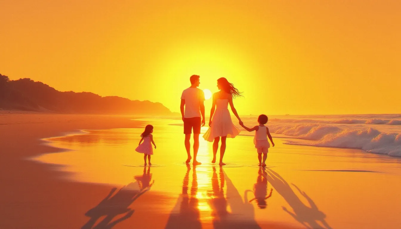 Portrait de famille sur une plage atlantique au lever du soleil transformé en photo effet dessin animé style Studio Ghibli avec tons dorés et aplats graphiques poétiques