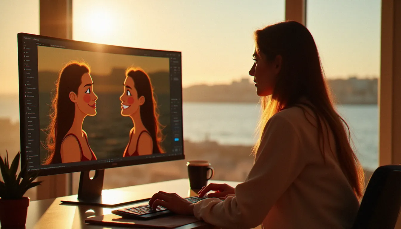 Photographe devant un écran montrant une photo portrait transformée en photo effet dessin animé avec lumière naturelle dorée dans un studio côtier