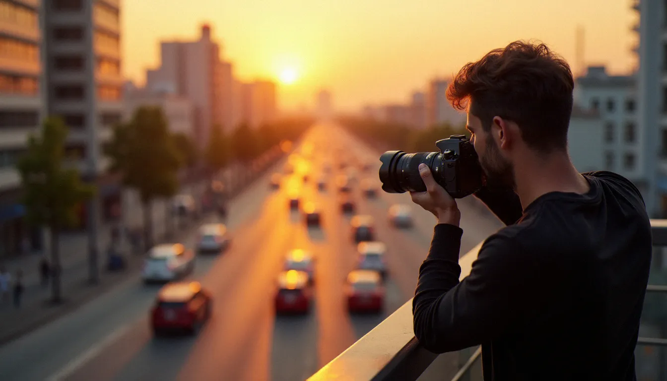Photographe en position de plongée sur un toit au coucher du soleil, cadrant une intersection urbaine pour réaliser une photo effet maquette en lumière naturelle