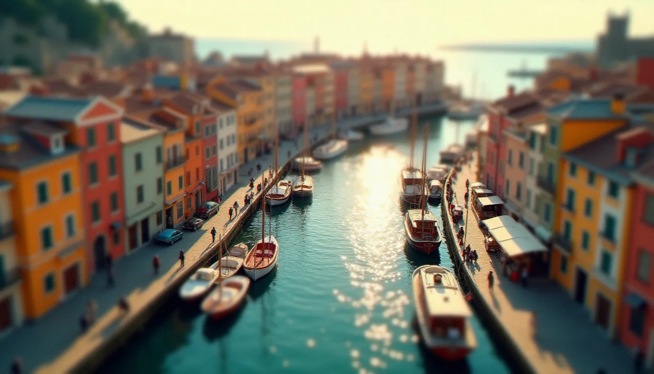 Photo effet maquette d'un port européen vue depuis une hauteur, avec bateaux colorés et piétons qui ressemblent à des figurines de maquette en lumière dorée du matin