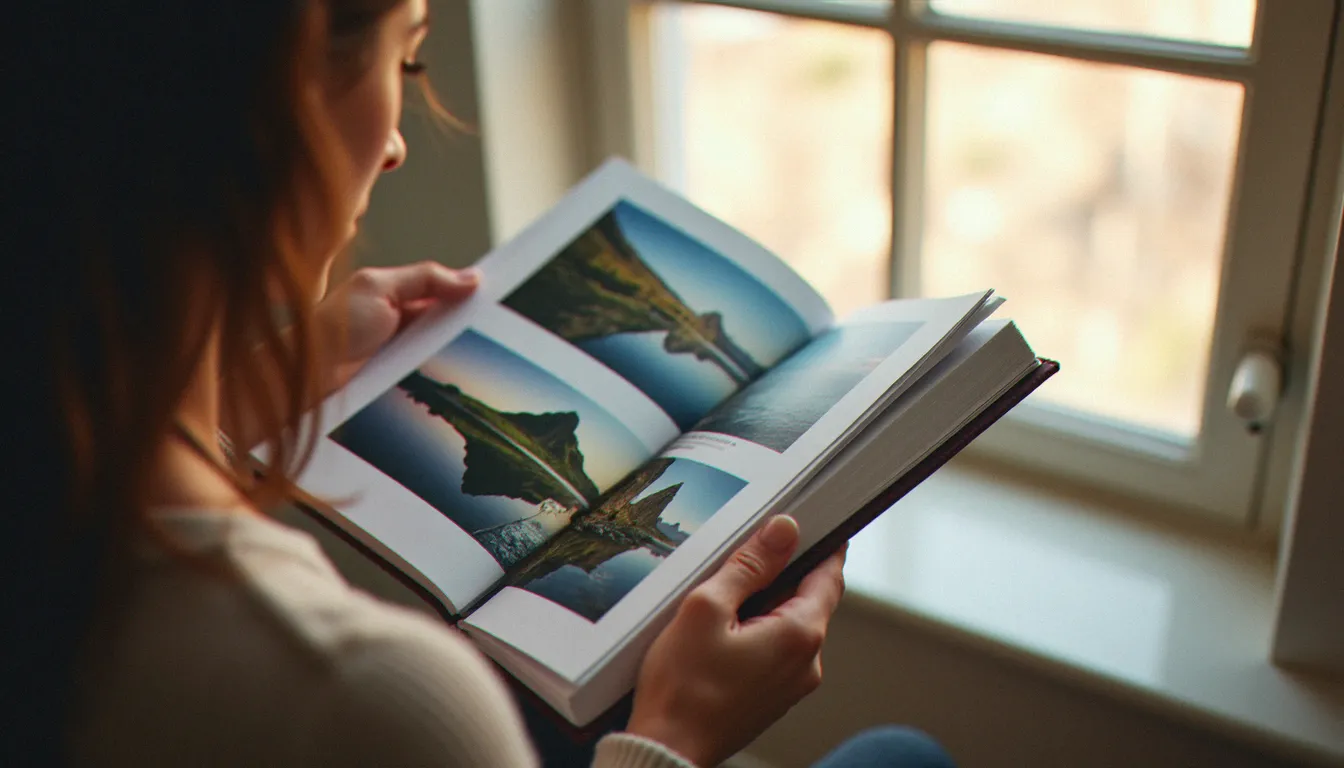 Photographe tenant un album photo imprimé depuis un fichier PDF, à la lumière naturelle d'une fenêtre côtière