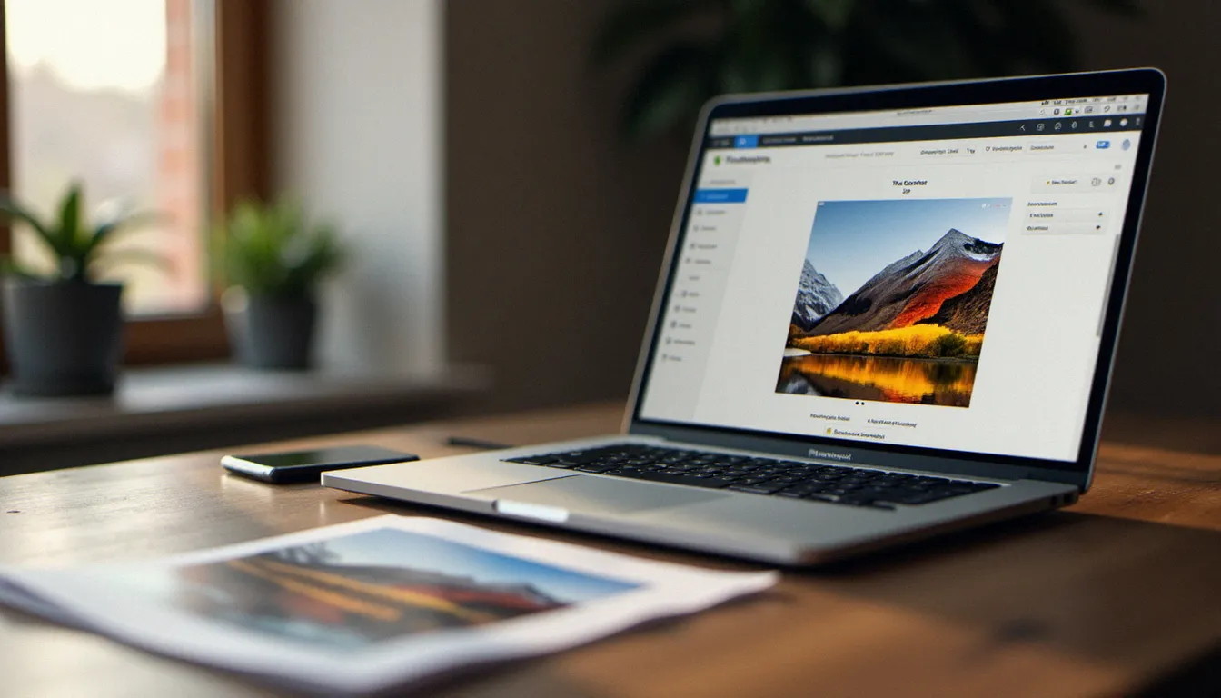 Bureau de photographe avec une photo tirée sur papier mat et un écran affichant la conversion d'une photo en PDF, lumière naturelle douce