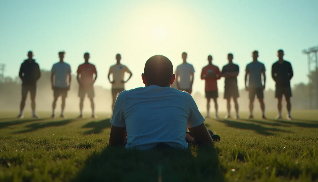 Photographe au sol captant en heure bleue un groupe de sportifs en maillots bleus lors d'une séance photo officielle à l'aube