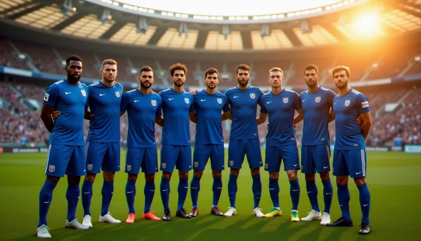 Photo équipe de France 2026 en formation pyramidale sur la pelouse du stade, éclairée par la lumière dorée de fin d'après-midi